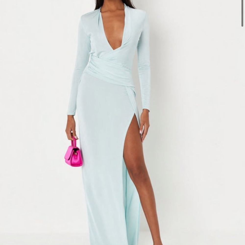 Missguided blue slinky drape front maxi dress